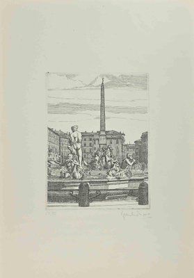 Giuseppe Malandrino, Navona Square, Fountain of 4 Rivers, Etching, 1972-ZCI-2029451