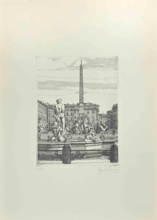 Giuseppe Malandrino, Navona Square, Fountain of 4 Rivers, Etching, 1972