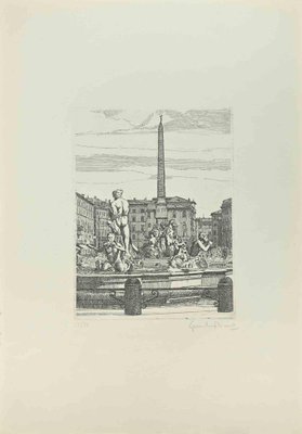 Giuseppe Malandrino, Navona Square, Fountain of 4 Rivers, Etching, 1972-ZCI-2029425