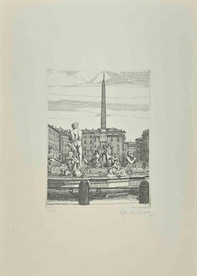 Giuseppe Malandrino, Navona Square, Fountain of 4 Rivers, Etching, 1972-ZCI-2029514