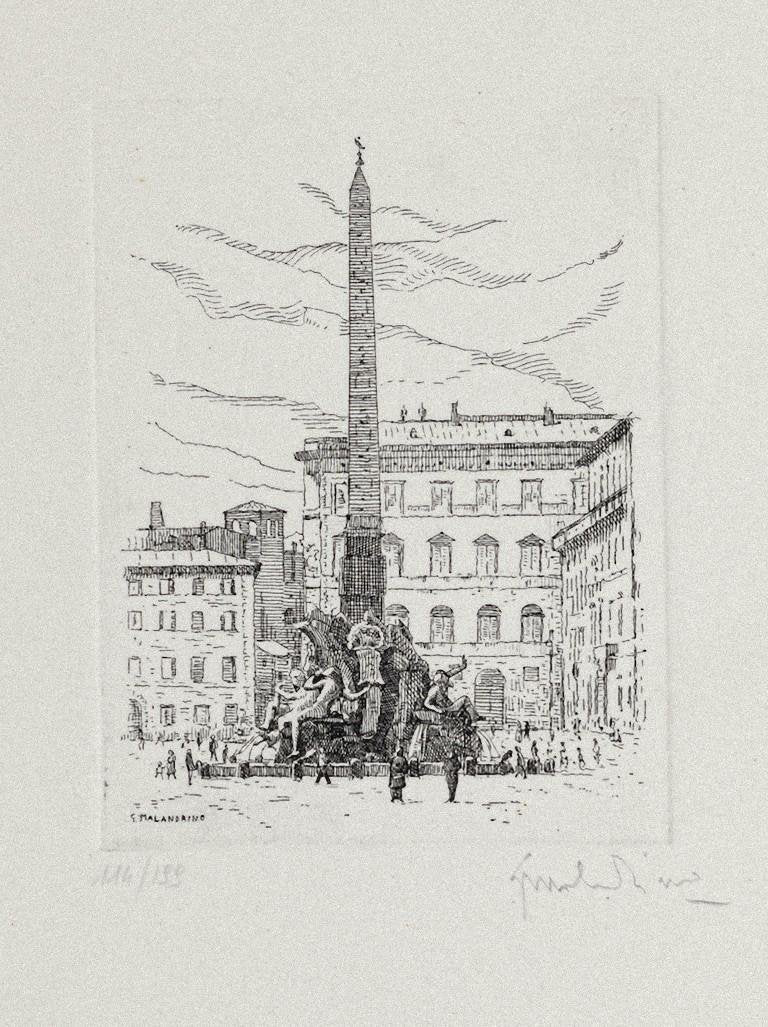 Giuseppe Malandrino - Navona Square-Fountain of the Four Rivers-Rome- Etching - 1970s