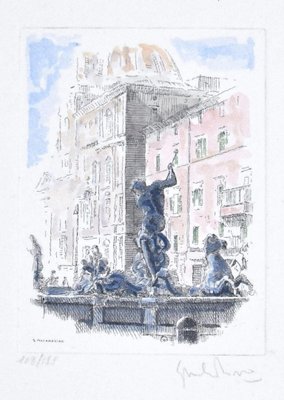 Giuseppe Malandrino - Navona Square - Fountain of the Triton - Rome - Etching by G. Malandrino - 1970s-ZCI-823506