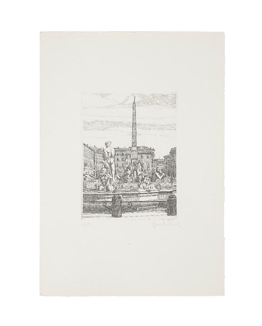 Giuseppe Malandrino, Navona Square, Rome, Etching, 1970s