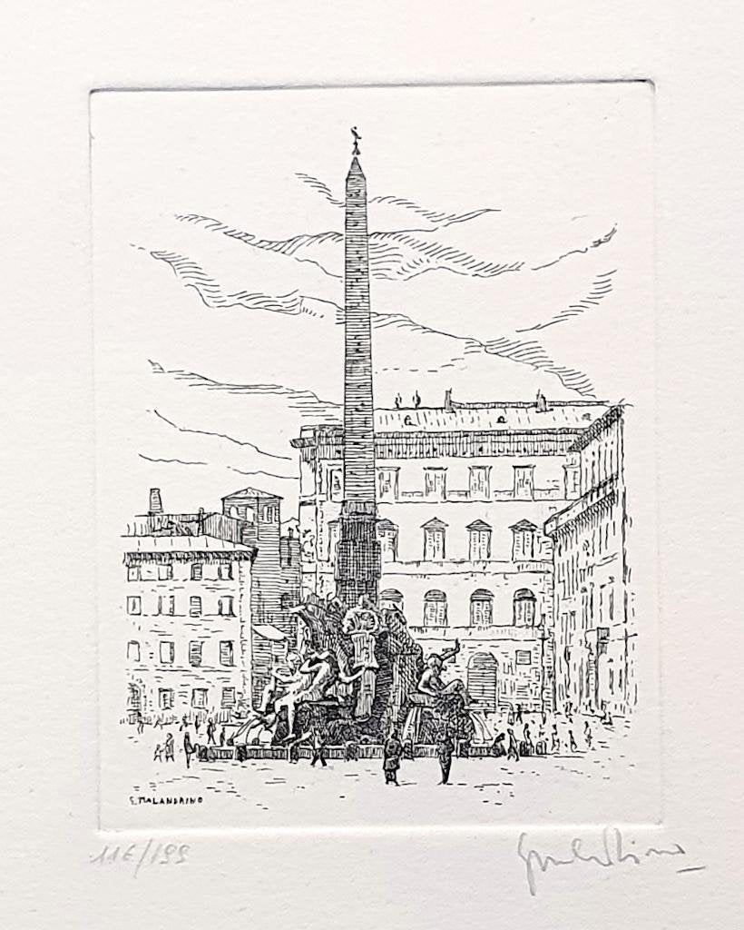 Giuseppe Malandrino, Navona Square/Rome, Etching, 1971