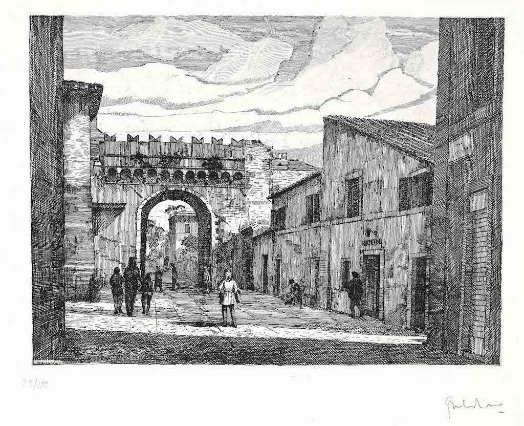 Giuseppe Malandrino, Rome-Port Settimiana, Etching, 1970s