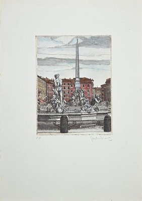 Giuseppe Malandrino, The Fountains of Piazza Navona, Etching, 1970s-ZCI-889929