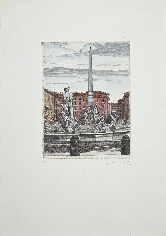 Giuseppe Malandrino, The Fountains of Piazza Navona, Etching, 1970s