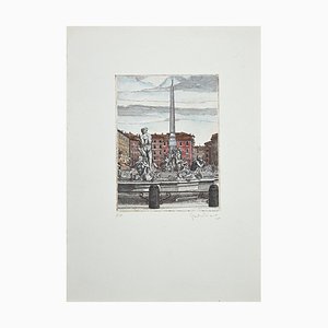 Giuseppe Malandrino, The Fountains of Piazza Navona, Etching, 1970s-ZCI-889929