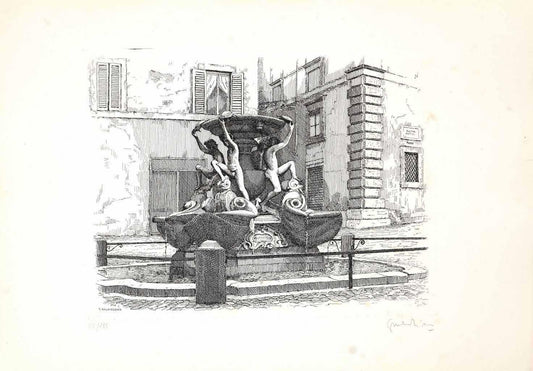 Giuseppe Malandrino, Turtle Fountain, Etching, 1970s