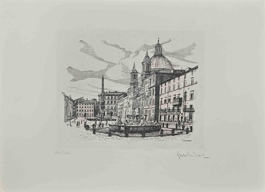 Giuseppe Malandrino, View of Piazza Navona, 1970s, Etching