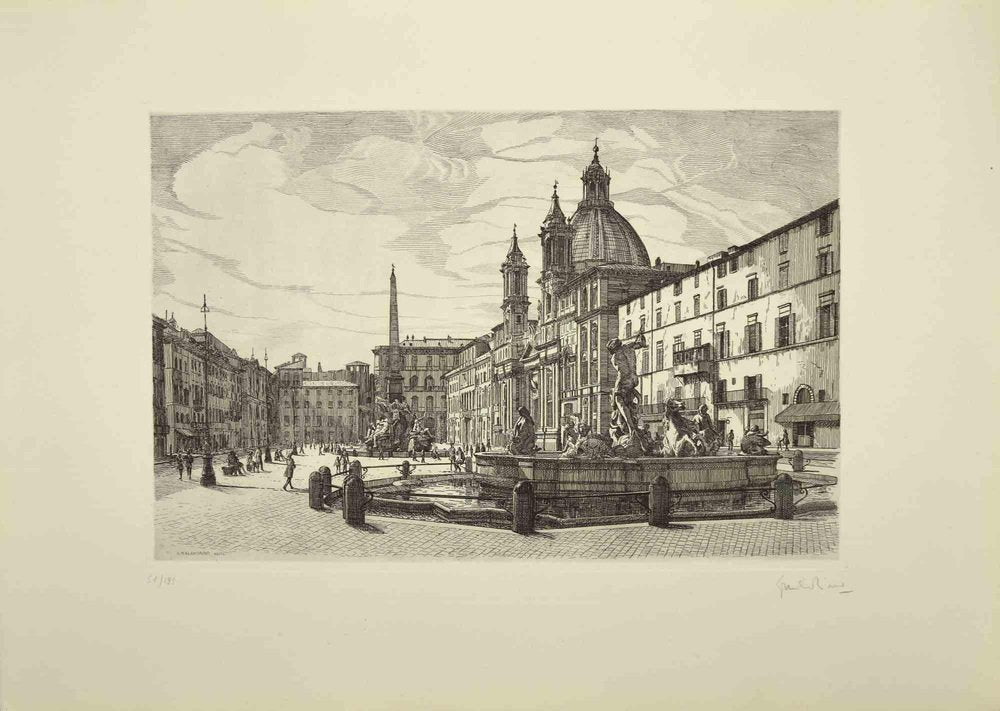 Giuseppe Malandrino, View of Piazza Navona, Etching, 1970