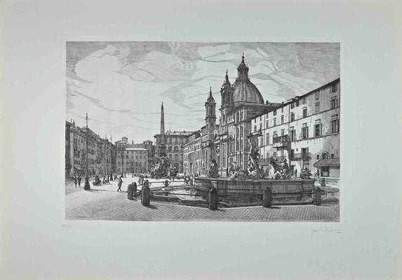 Giuseppe Malandrino, View of Piazza Navona, Etching, 1970s-ZCI-1410137