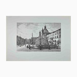 Giuseppe Malandrino, View of Piazza Navona, Etching, 1970s-ZCI-1410137