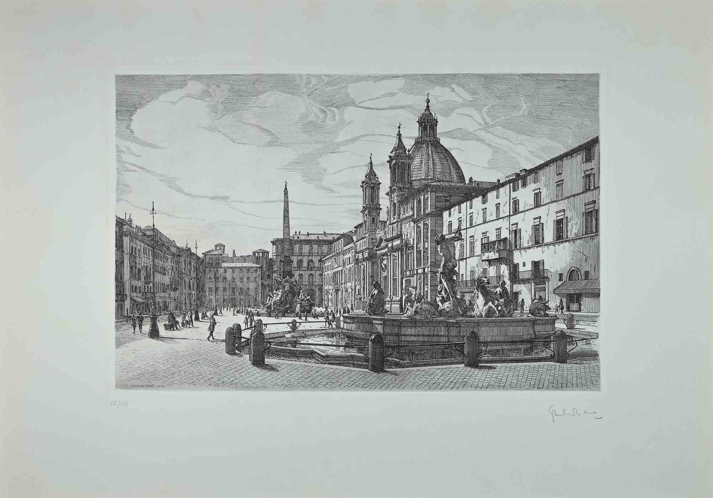 Giuseppe Malandrino, View of Piazza Navona, Original Etching, 1970