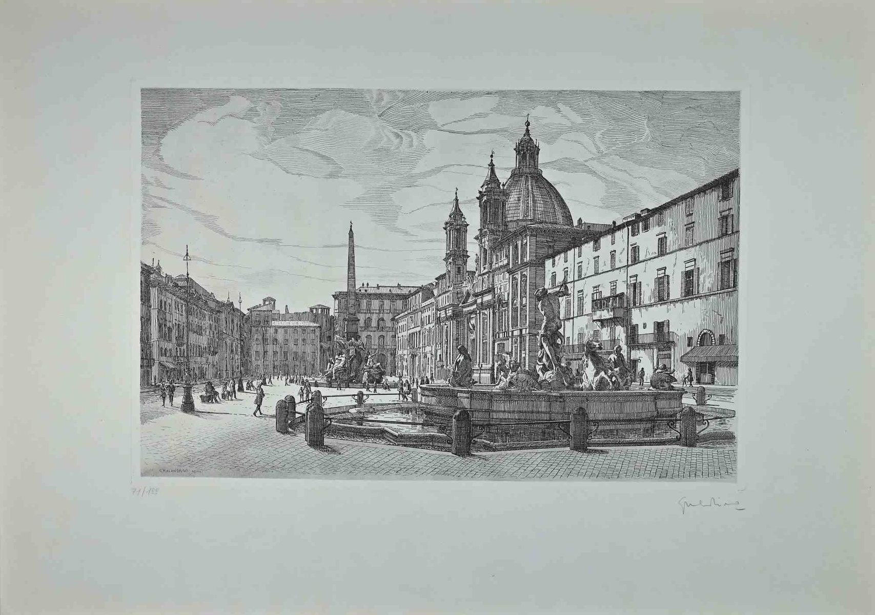 Giuseppe Malandrino, View of Piazza Navona, Original Etching, 1970