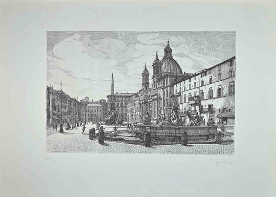 Giuseppe Malandrino, View of Piazza Navona, Original Etching, 1970-ZCI-1344717