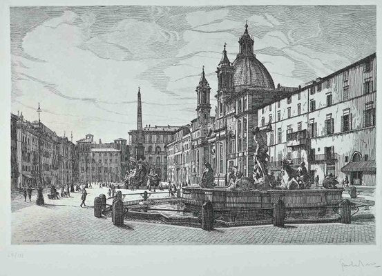 Giuseppe Malandrino, View of Piazza Navona, Original Etching, 1970-ZCI-1380070