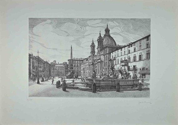 Giuseppe Malandrino, View of Piazza Navona, Original Etching, 1970-ZCI-1344791