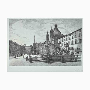 Giuseppe Malandrino, View of Piazza Navona, Original Etching, 1970-ZCI-1380070