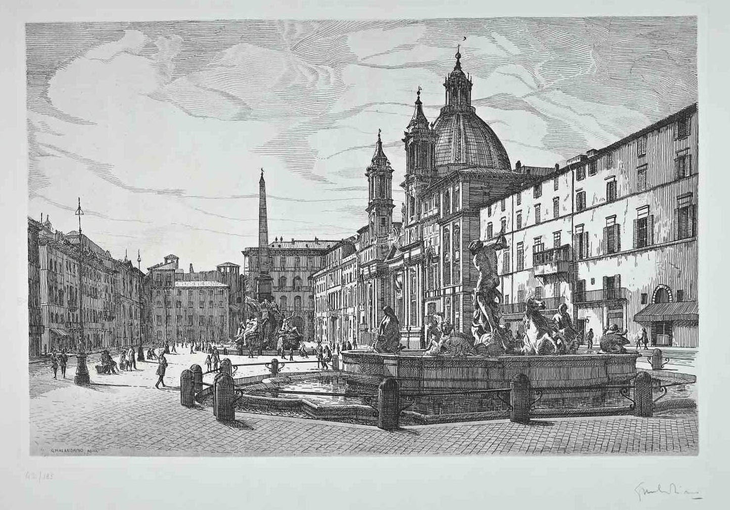 Giuseppe Malandrino, View of Piazza Navona, Original Etching, 1970s