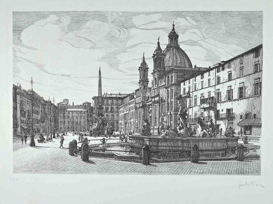 Giuseppe Malandrino, View of Piazza Navona, Original Etching, 1970s-ZCI-1405774