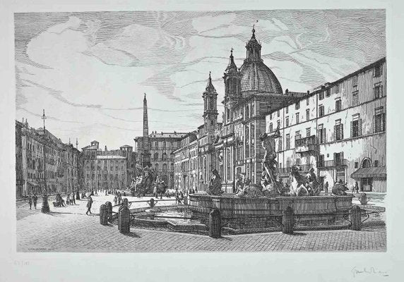 Giuseppe Malandrino, View of Piazza Navona, Original Etching, 1970s-ZCI-1405799