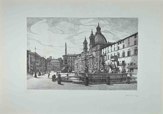 Giuseppe Malandrino, View of Piazza Navona, Original Etching, 1970s-ZCI-1405028