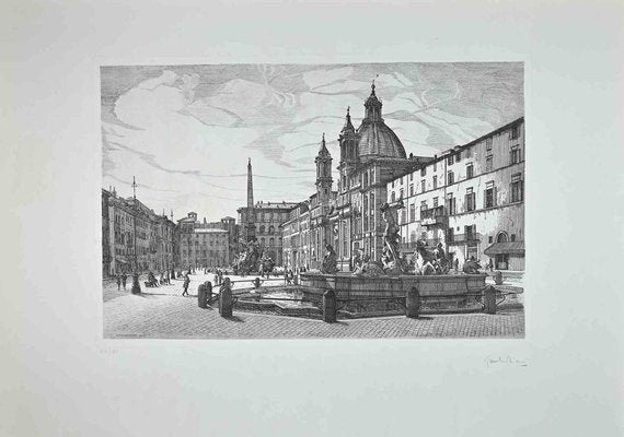 Giuseppe Malandrino, View of Piazza Navona, Original Etching, 1970s-ZCI-1403518