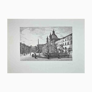 Giuseppe Malandrino, View of Piazza Navona, Original Etching, 1970s-ZCI-1403518