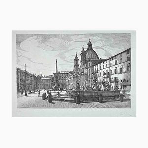 Giuseppe Malandrino, View of Piazza Navona, Original Etching, 1970s-ZCI-1405799