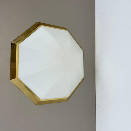 Glass and Brass Flushmount Diamond Ceiling Wall Light from Glashütte Limburg, 1970s