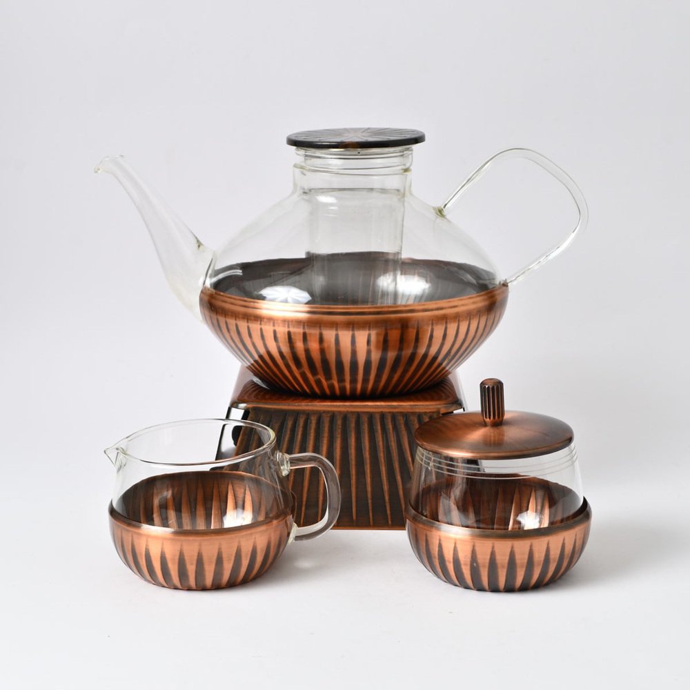 Glass and Copper Tea Set by Heinrich Löffelhardt for Jena Glass Schott & Gen, 1960s, Set of 4