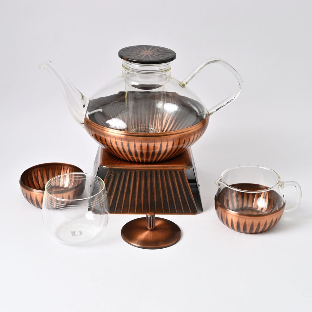 Glass and Copper Tea Set by Heinrich Löffelhardt for Jena Glass Schott & Gen, 1960s, Set of 4