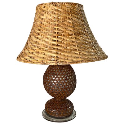 Glass and Rattan Table Lamp in Brown, England, 1970-UR-1729743