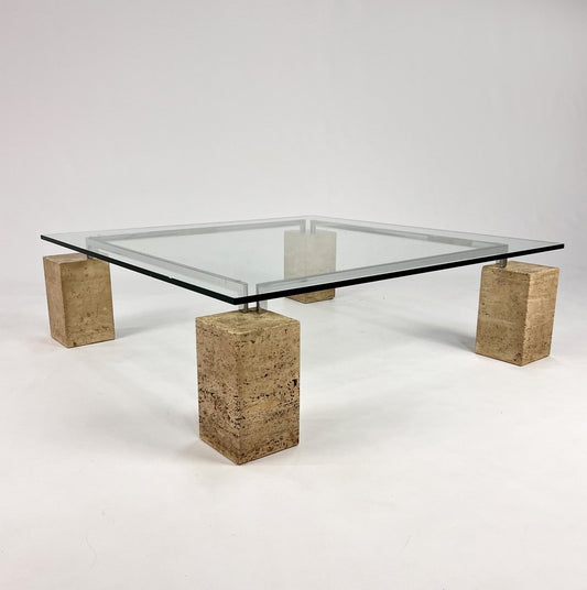 Glass and Travertine Coffee Table by Piero De Longhi for Catalan Italia, 1980s