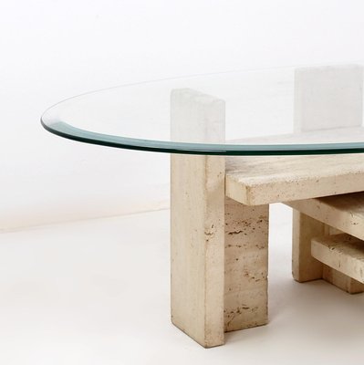 Glass and Travertine Coffee Table by Willy Ballez, 1970s-NYF-2024155