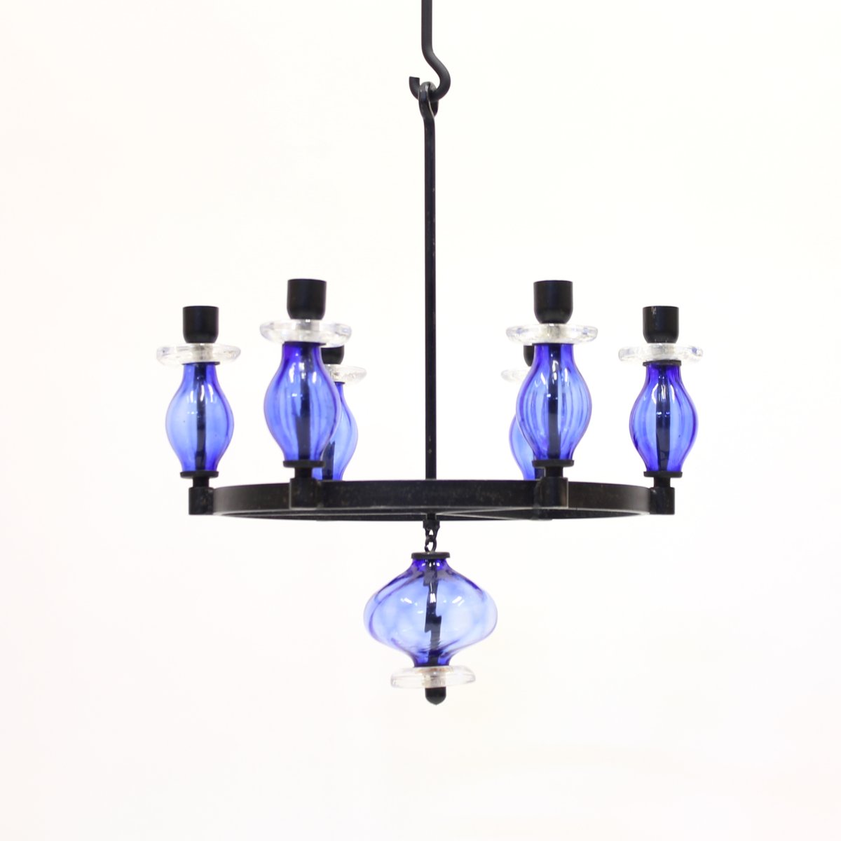 Glass and Wrought Iron Chandelier by Erik Höglund for Boda Smide, 1960s-KQ-1072294