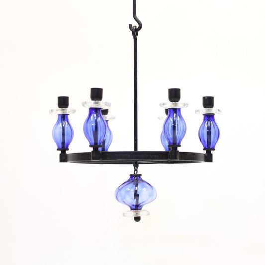 Glass and Wrought Iron Chandelier by Erik Höglund for Boda Smide, 1960s