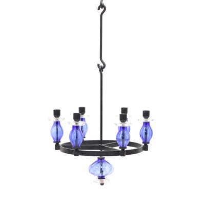 Glass and Wrought Iron Chandelier by Erik Höglund for Boda Smide, 1960s