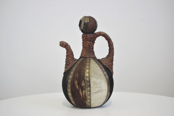 Glass Bottle Covered in Rope of Leather and Hair, 1950s-KNM-1145048