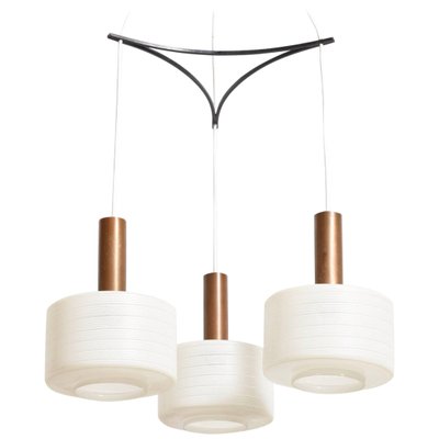 Glass & Brass 3-Light Cylinder Pendant Lamp with White Stripe Shades by Tapio Wirkkala, 1950s-KL-620264