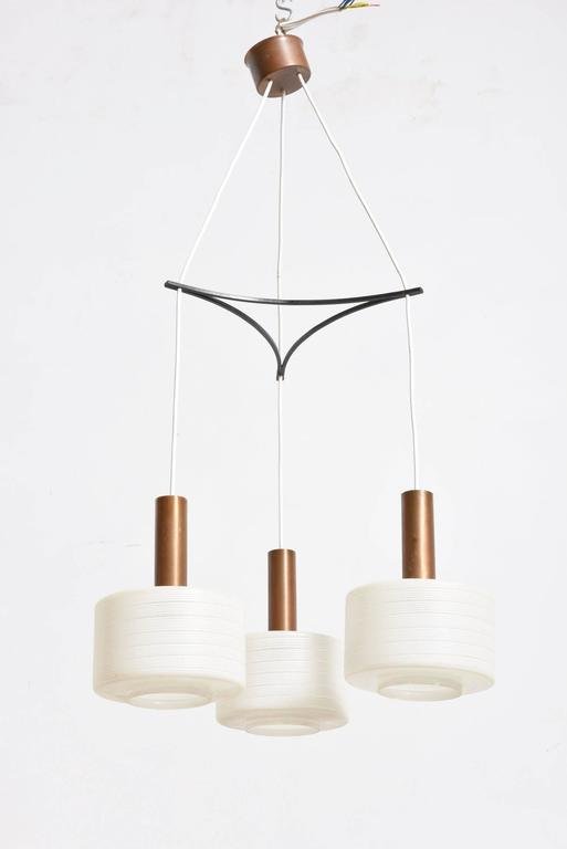 Glass & Brass 3-Light Cylinder Pendant Lamp with White Stripe Shades by Tapio Wirkkala, 1950s