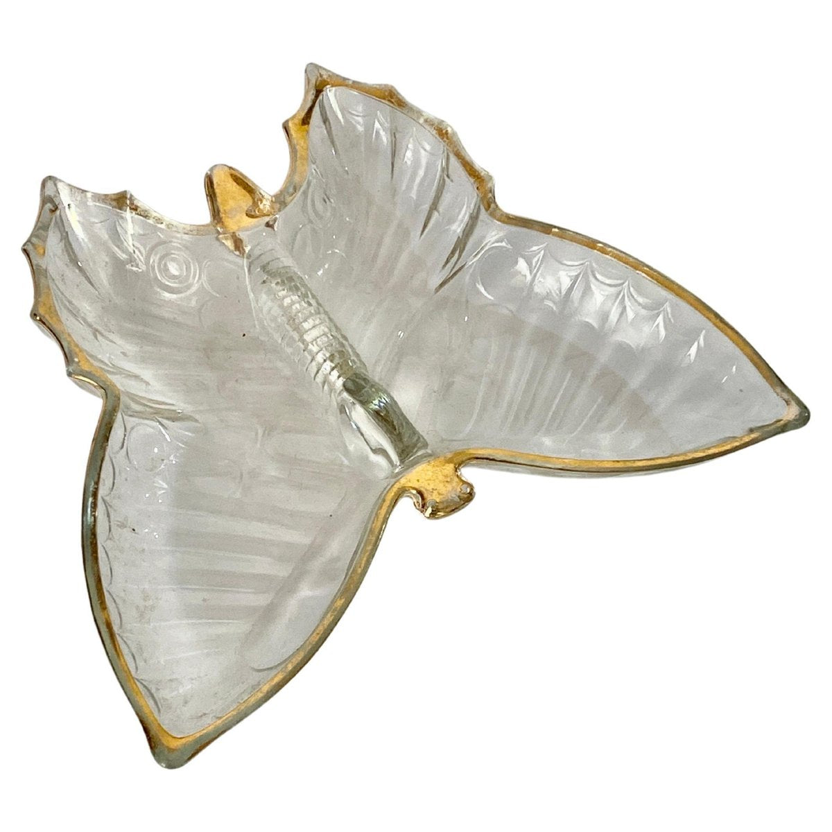 Glass Butterfly Ashtray or Vide Poche with Gilt Decor Pattern, 1980s