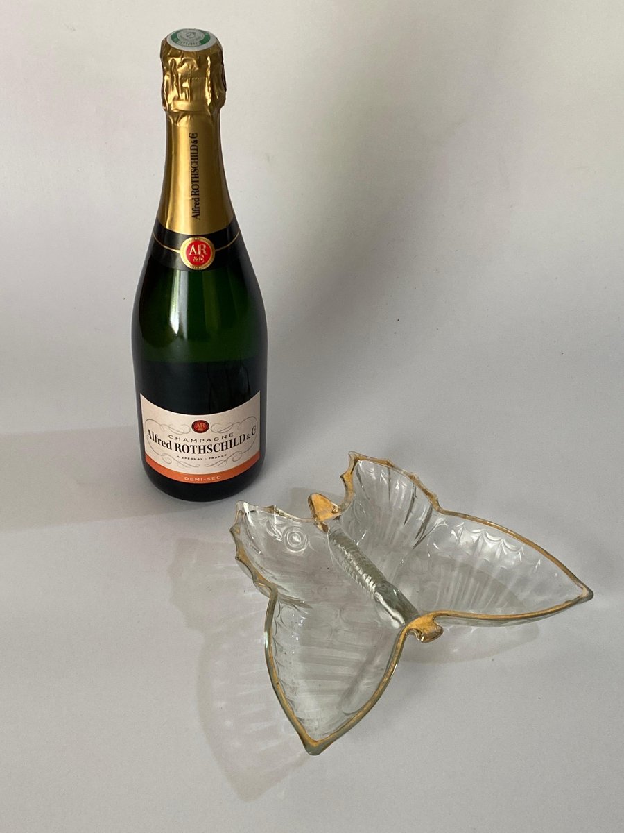 Glass Butterfly Ashtray or Vide Poche with Gilt Decor Pattern, 1980s