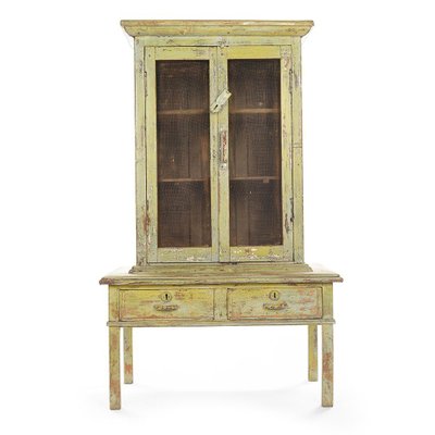 Glass Cabinet with 2 Drawers in Patinated Wood-NQ-625134