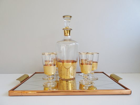 Glass Carafe with Liqueur Glasses and Reflection Tray, 1950s, Set of 8-POM-1105414