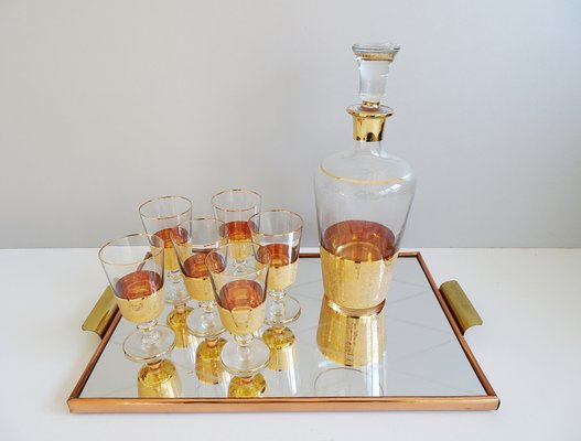 Glass Carafe with Liqueur Glasses and Reflection Tray, 1950s, Set of 8-POM-1105414