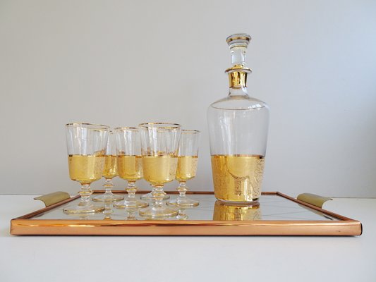 Glass Carafe with Liqueur Glasses and Reflection Tray, 1950s, Set of 8-POM-1105414