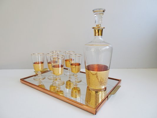 Glass Carafe with Liqueur Glasses and Reflection Tray, 1950s, Set of 8-POM-1105414