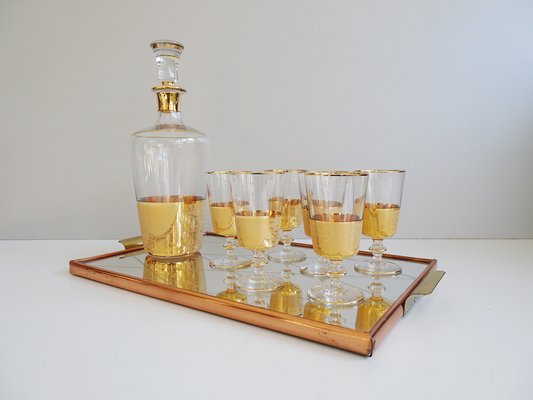 Glass Carafe with Liqueur Glasses and Reflection Tray, 1950s, Set of 8-POM-1105414